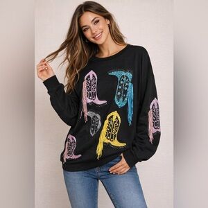 NWT BiBi Cowboy Boot Sequin Black Sweatshirt